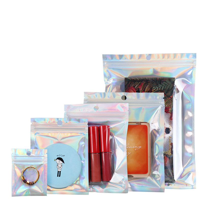 Resealable Transparent Cosmetic Holographic Packaging Bag Pouch/Holographic Zip lock Bag/Holographic Makeup Bag