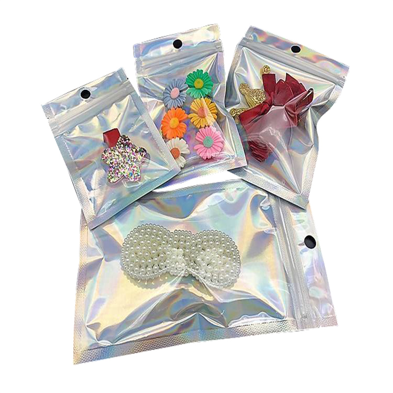 Custom Printed Holographic Transparent Cosmetic Hologram Zipper Top Seed Flower 3 Sides Self Sealing Packaging Bag