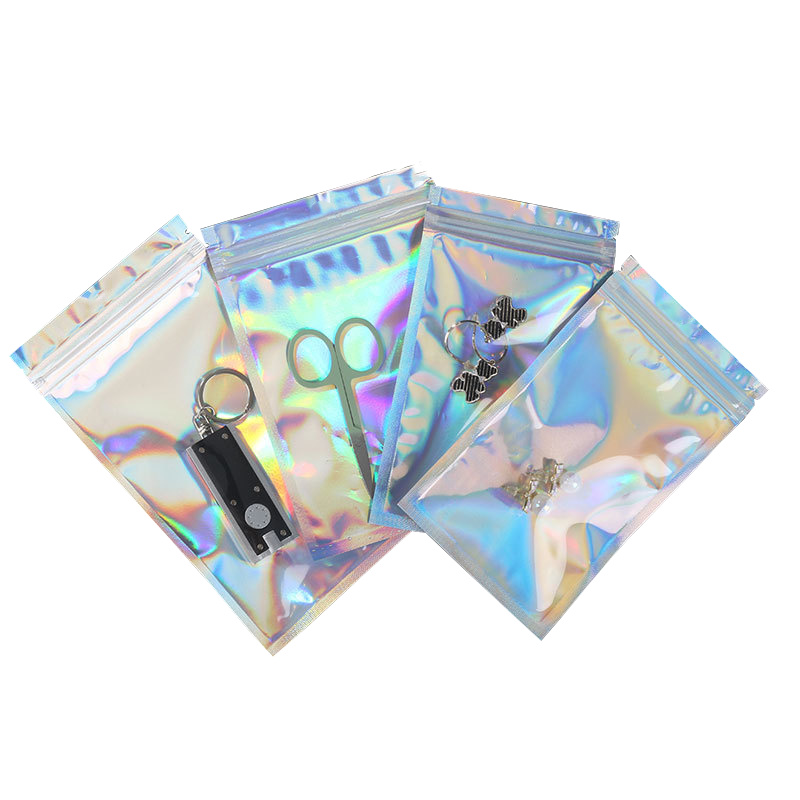 Custom 2023 New Arrivals Holographic Laser Colorful Wig Jewelry Plastic Packaging Bags With Zipper For Business